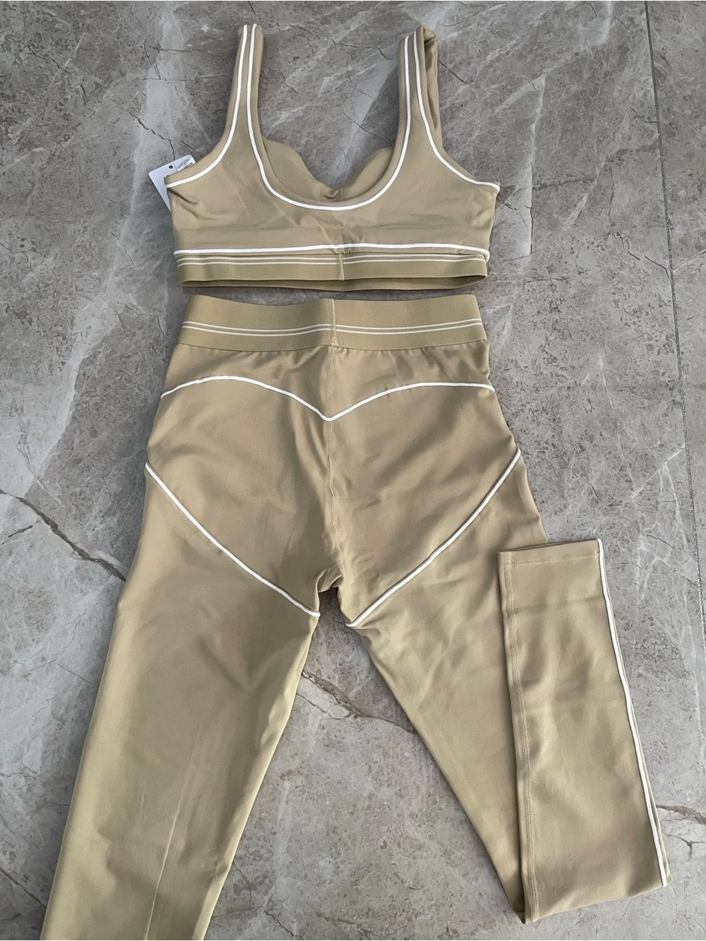 ALO Yoga Tan High-Rise Legging and Matching Bra Set with White Piping